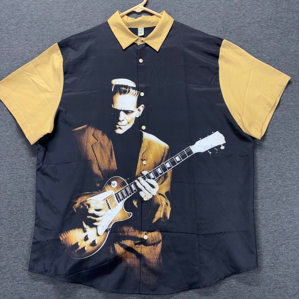 Frankenstein guitar shirt Mens XL Short Sleeve Button Up Black Gold Casual Retro